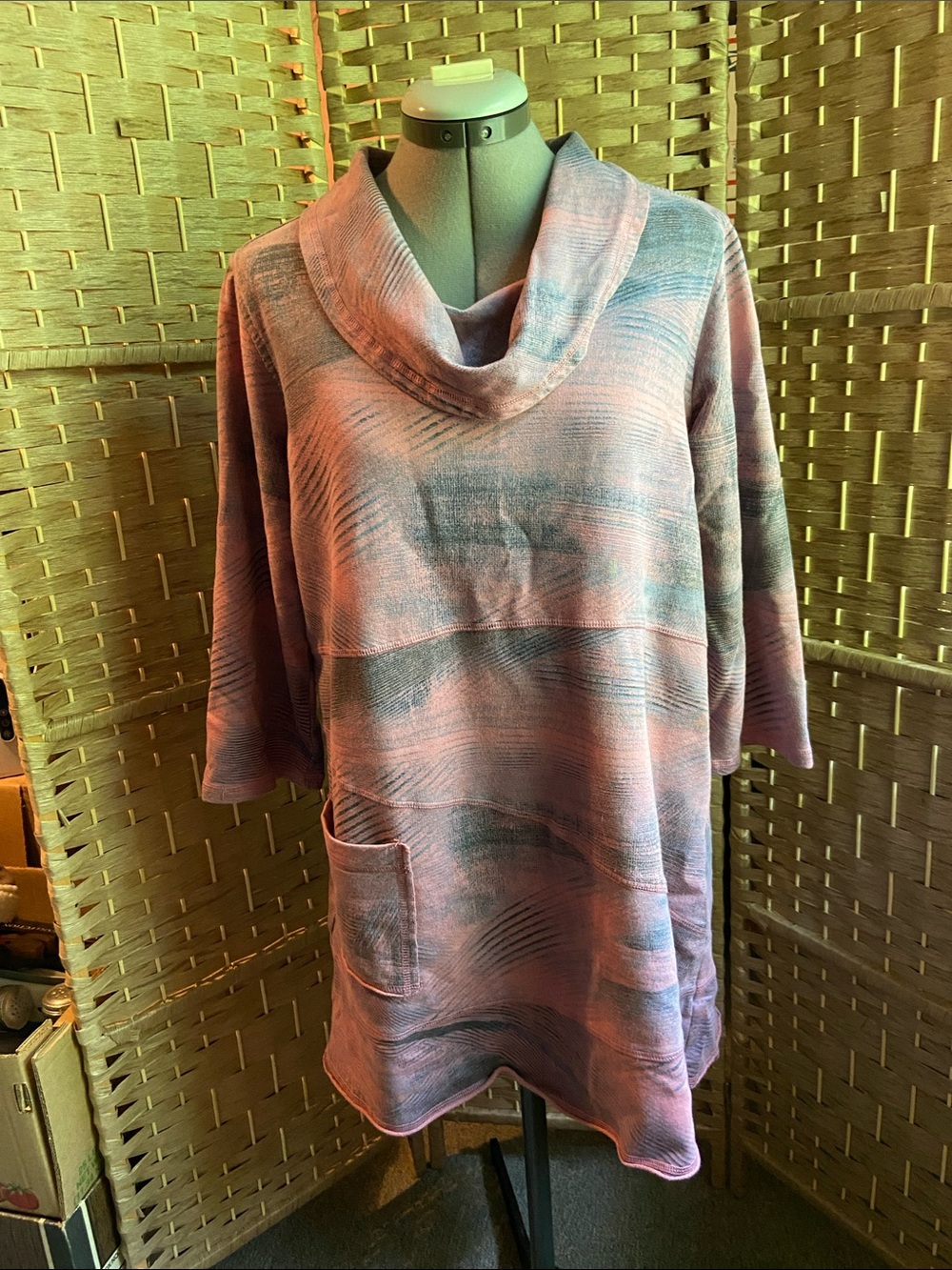 CMC Color Me Cotton Pink Grey Space Dye Cowl Neck Tunic Sweater Size M
